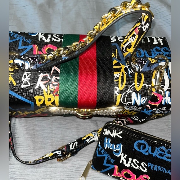 Bee Box Satchel Handbag Purse W/Matching Wallet Black Graffiti - Picture 11 of 16